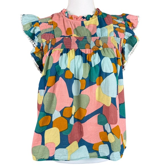THML Tops - THML Abstract Geometric Flutter Sleeve Smocked Top Pom Pom Trim SRT1522-2-BL M